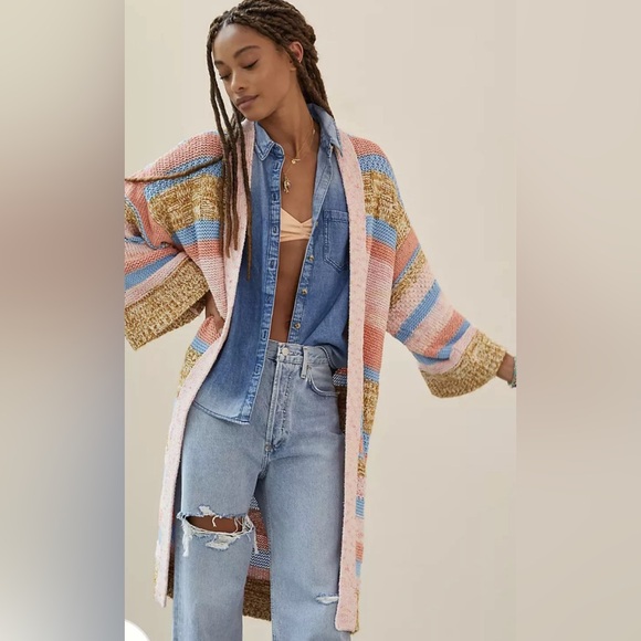 Anthropologie Textured Striped Open Front Cardigan Pink Multi One Size OS NWT - Picture 5 of 8
